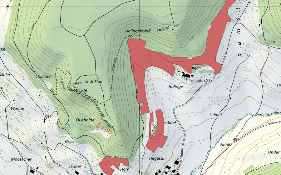 Landeskarte swisstopo mit dem Schutzperimeter von Holingen (Trockenwiese)