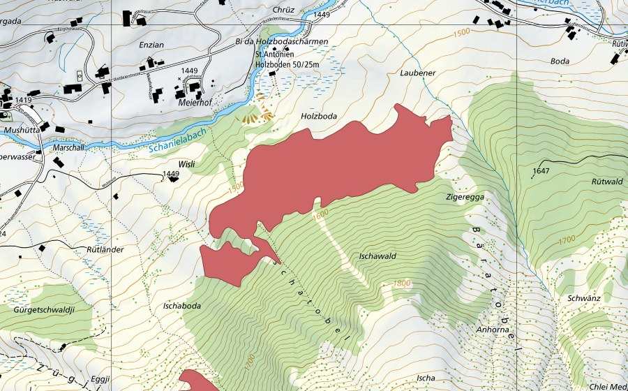 Carte nationale swisstopo avec le périmètre protégé de Holzboden (Prairie sèche)