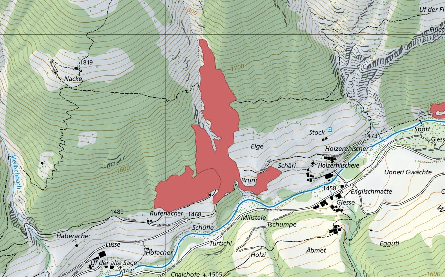 Landeskarte swisstopo mit dem Schutzperimeter von Holzerehischer (Trockenwiese)