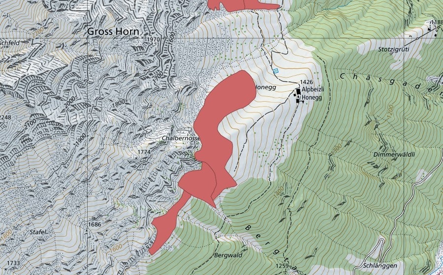 swisstopo national map showing the protected perimeter of Honegg (Dry meadow)