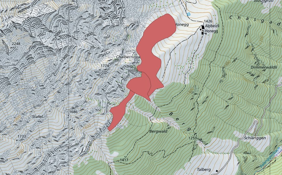 Carte nationale swisstopo avec le périmètre protégé de Honegg (Prairie sèche)