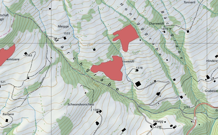 Carte nationale swisstopo avec le périmètre protégé de Honegg (Prairie sèche)