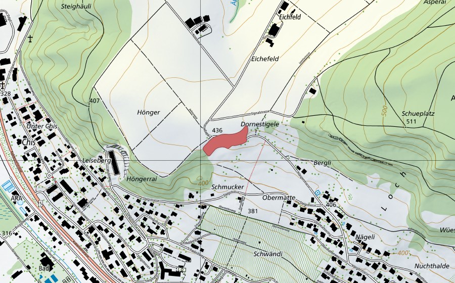 swisstopo national map showing the protected perimeter of Hönger (Dry meadow)