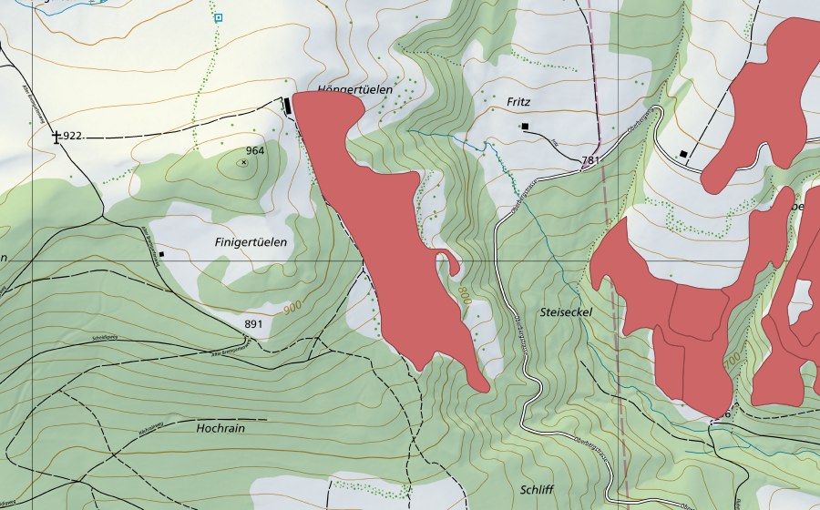 Carte nationale swisstopo avec le périmètre protégé de Höngertüelen (Prairie sèche)