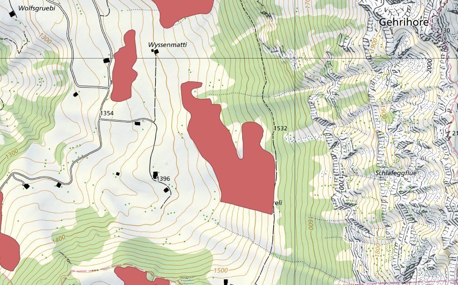 swisstopo national map showing the protected perimeter of Höreli (Dry meadow)