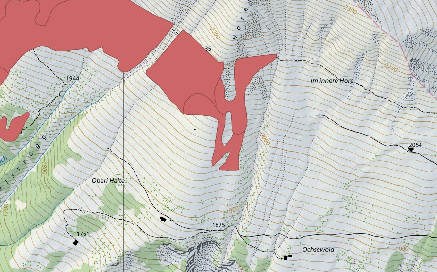 swisstopo national map showing the protected perimeter of Horemäder (Dry meadow)