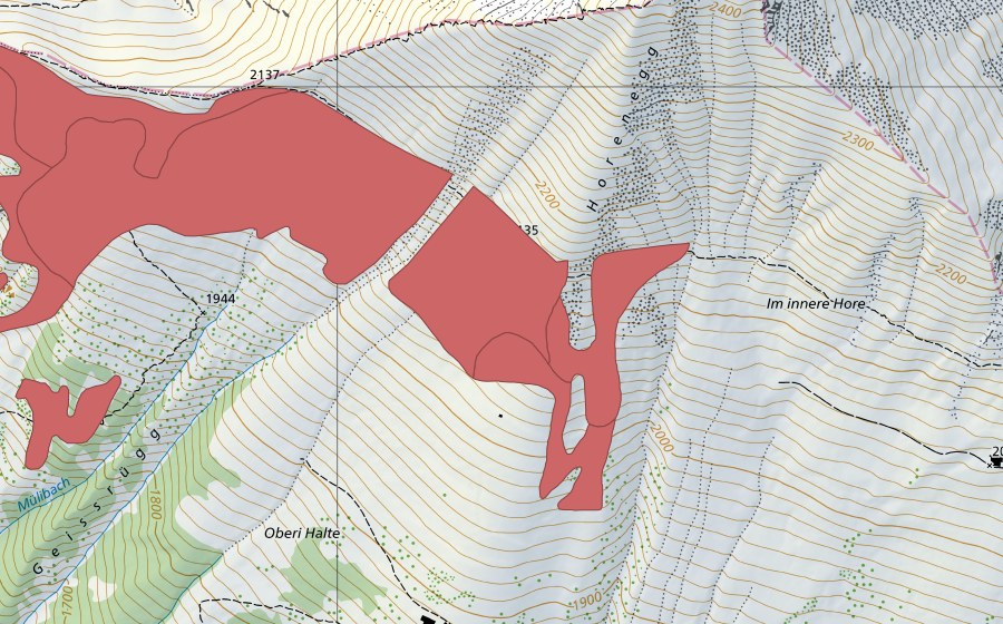 Landeskarte swisstopo mit dem Schutzperimeter von Horemäder (Trockenwiese)