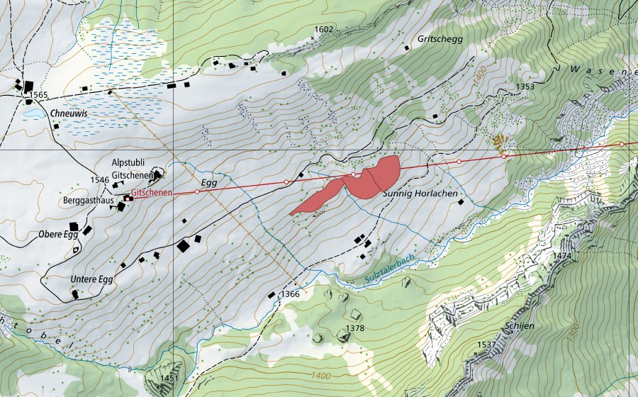 Landeskarte swisstopo mit dem Schutzperimeter von Horlachen (Trockenwiese)