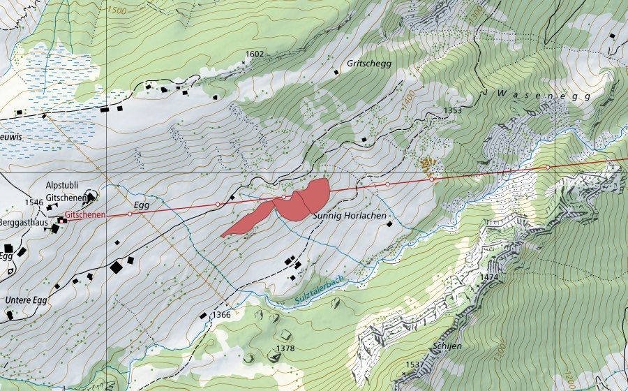 Carte nationale swisstopo avec le périmètre protégé de Horlachen (Prairie sèche)