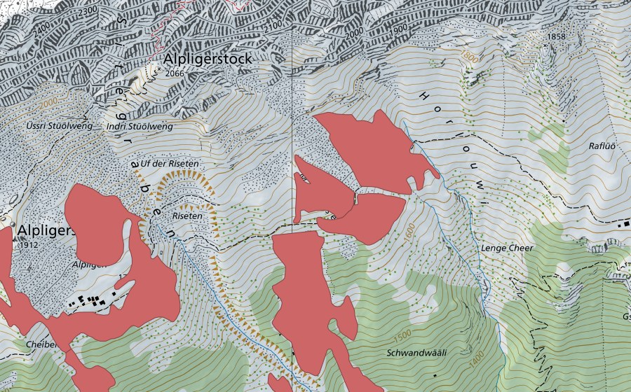 swisstopo national map showing the protected perimeter of Horlaui (Dry meadow)