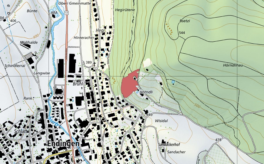 Landeskarte swisstopo mit dem Schutzperimeter von Hörndlihau (Trockenwiese)