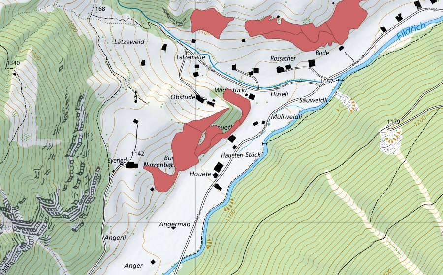 Carte nationale swisstopo avec le périmètre protégé de Houete (Prairie sèche)
