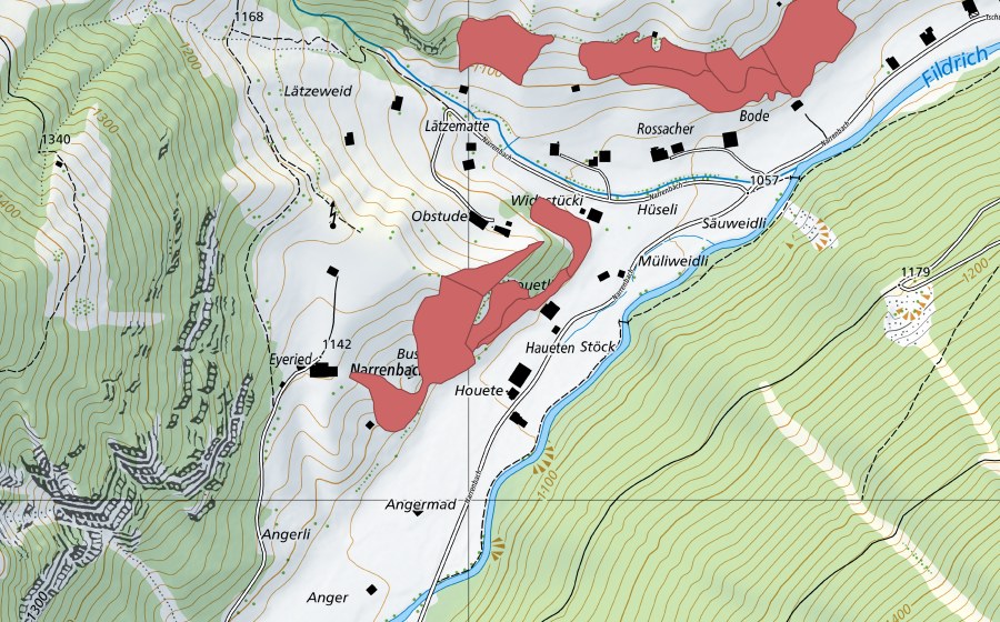 Landeskarte swisstopo mit dem Schutzperimeter von Houete (Trockenwiese)