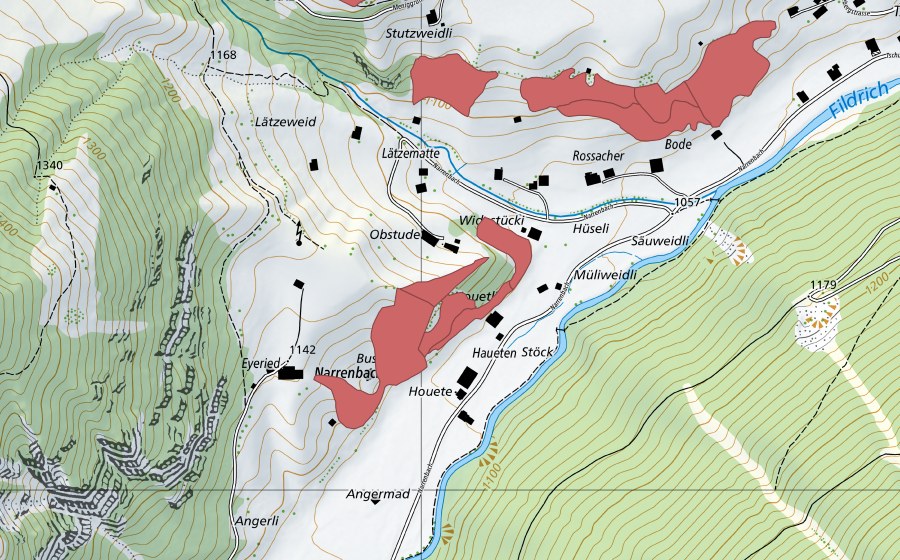 swisstopo national map showing the protected perimeter of Houete (Dry meadow)