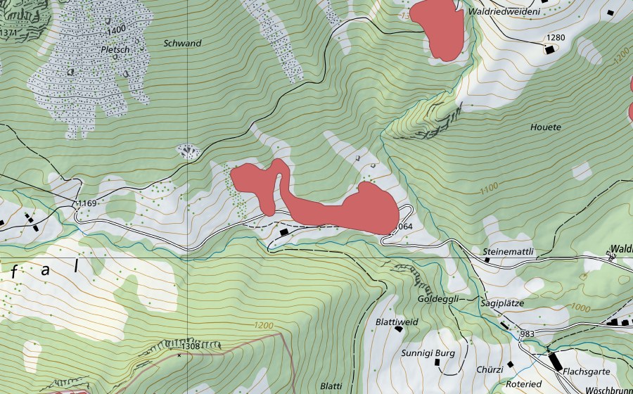 Carte nationale swisstopo avec le périmètre protégé de Houete (Prairie sèche)