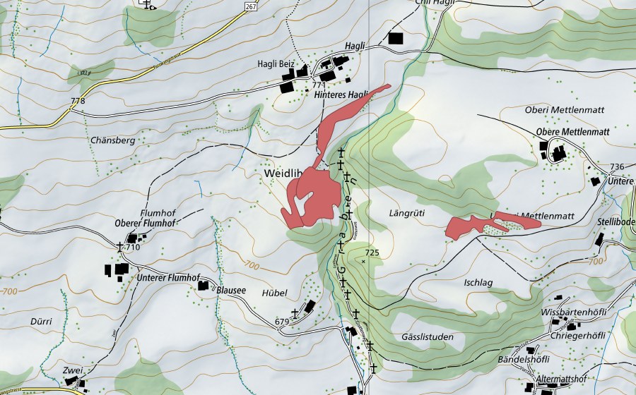 Carte nationale swisstopo avec le périmètre protégé de Hübel (Prairie sèche)