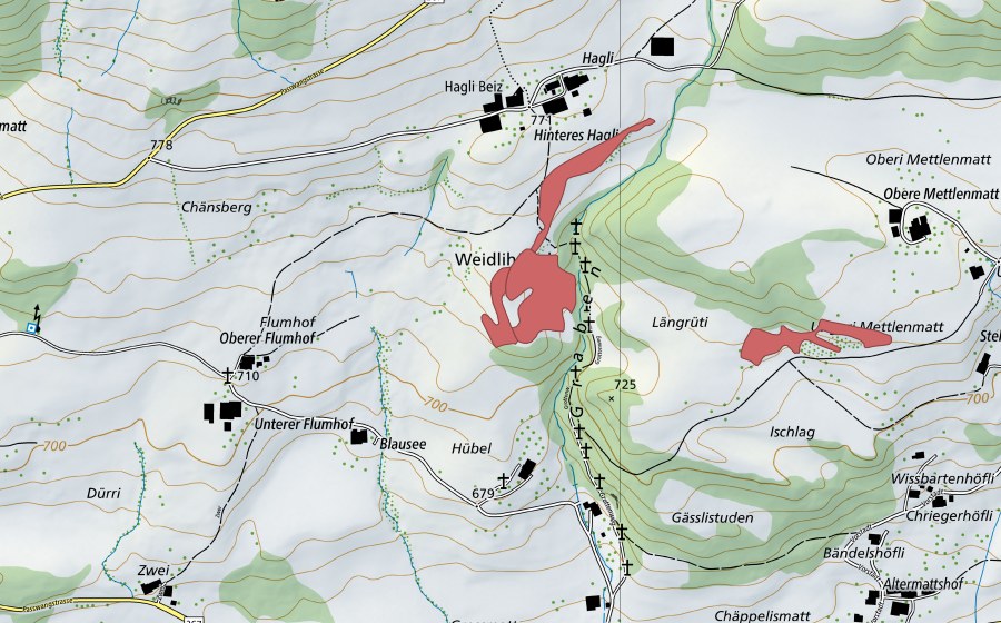 swisstopo national map showing the protected perimeter of Hübel (Dry meadow)