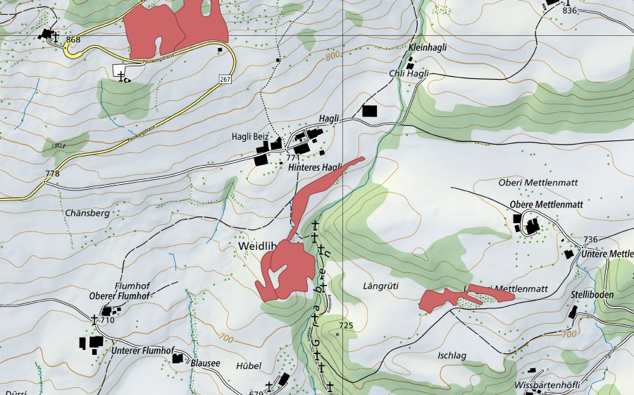 Carte nationale swisstopo avec le périmètre protégé de Hübel (Prairie sèche)