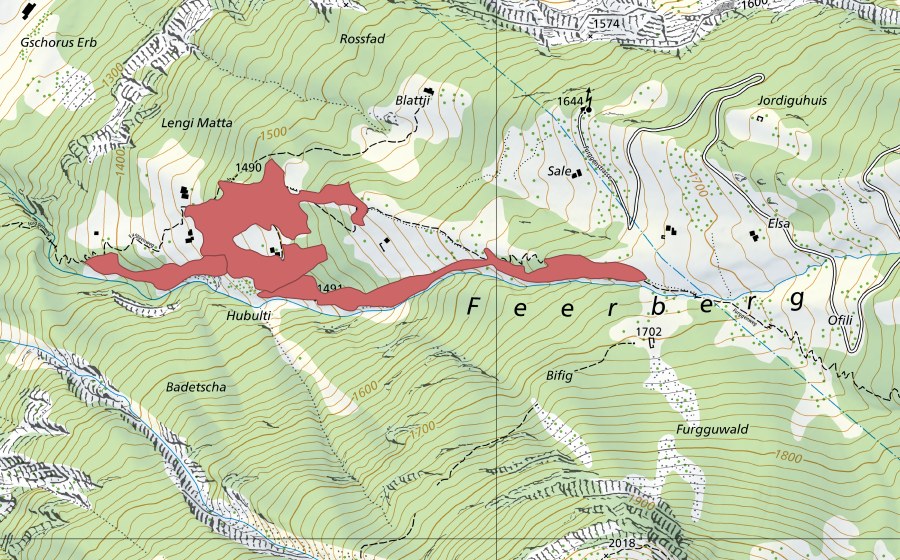 Carte nationale swisstopo avec le périmètre protégé de Hubelti (Prairie sèche)