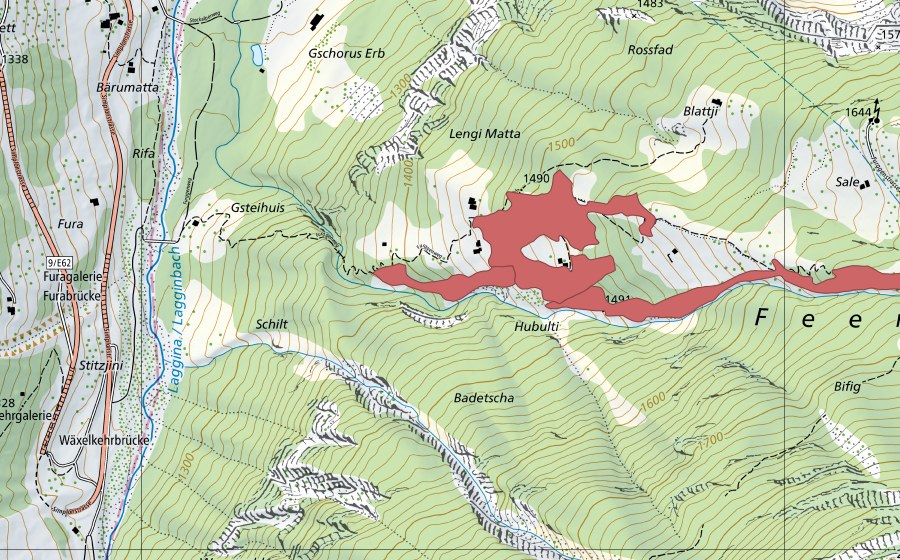 swisstopo national map showing the protected perimeter of Hubelti (Dry meadow)