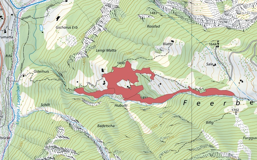 Carte nationale swisstopo avec le périmètre protégé de Hubelti (Prairie sèche)