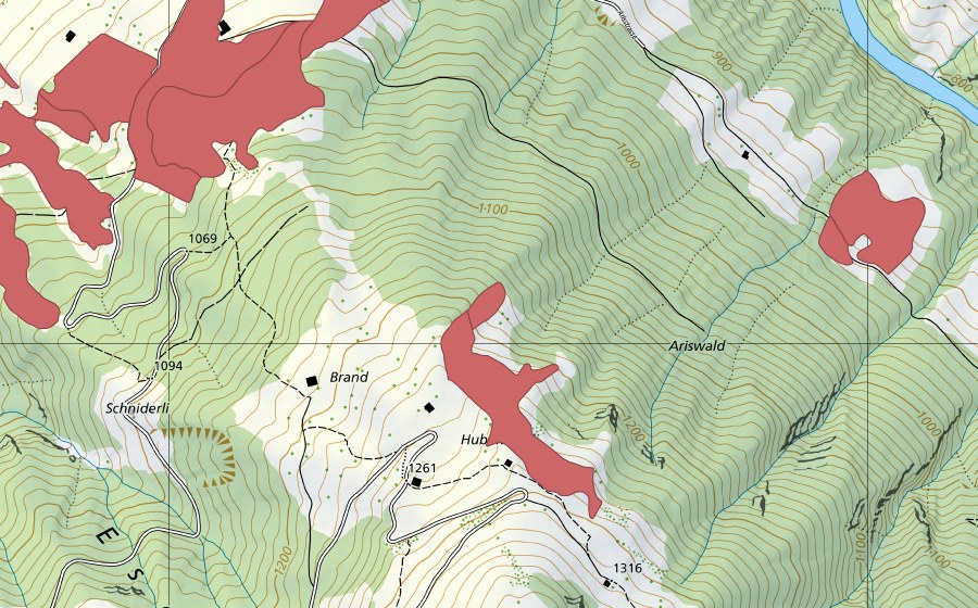 swisstopo national map showing the protected perimeter of Hubelweidli (Dry meadow)