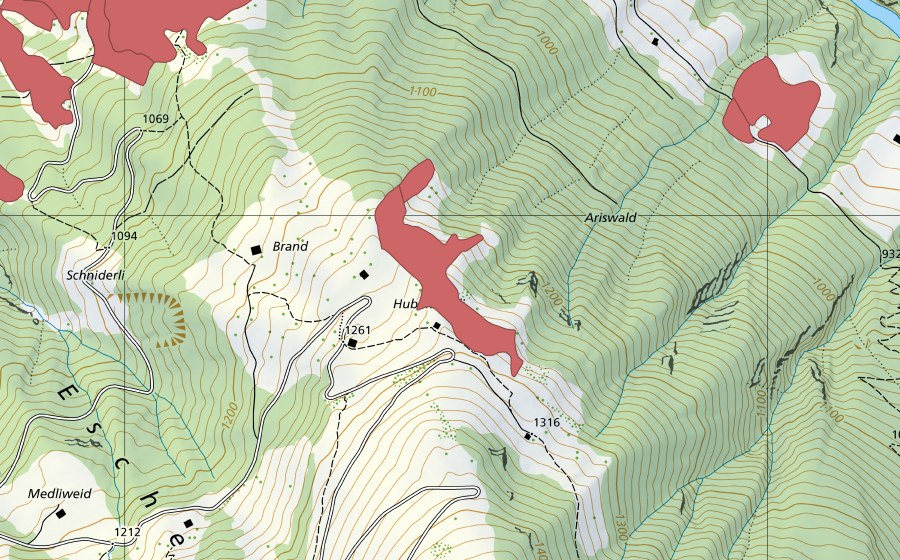 Landeskarte swisstopo mit dem Schutzperimeter von Hubelweidli (Trockenwiese)