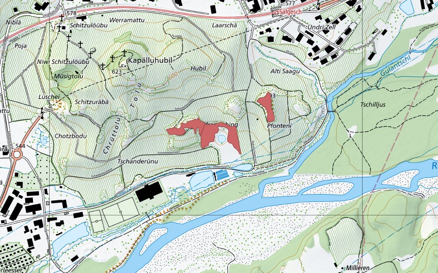 Carte nationale swisstopo avec le périmètre protégé de Hubil (Prairie sèche)