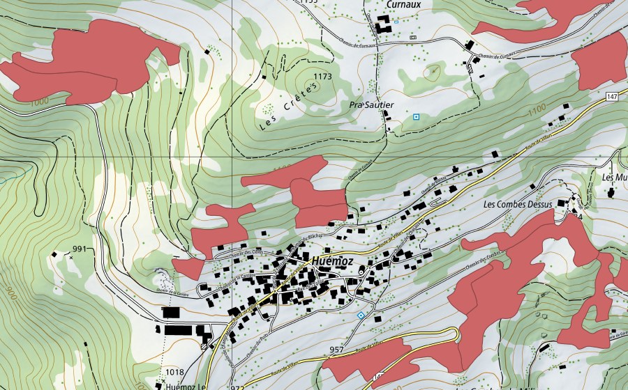 Landeskarte swisstopo mit dem Schutzperimeter von Huémoz (Trockenwiese)