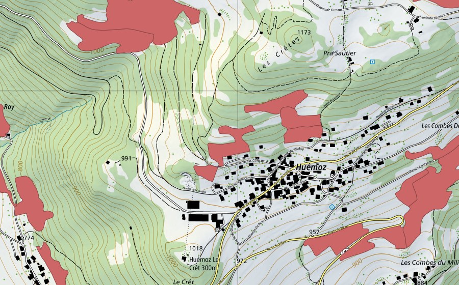 Carte nationale swisstopo avec le périmètre protégé de Huémoz (Prairie sèche)