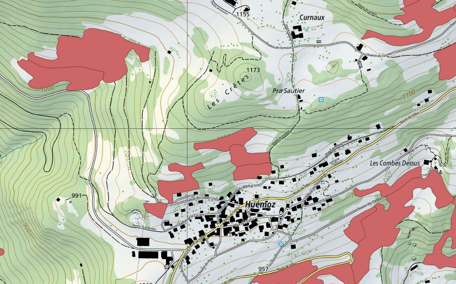 Carte nationale swisstopo avec le périmètre protégé de Huémoz (Prairie sèche)