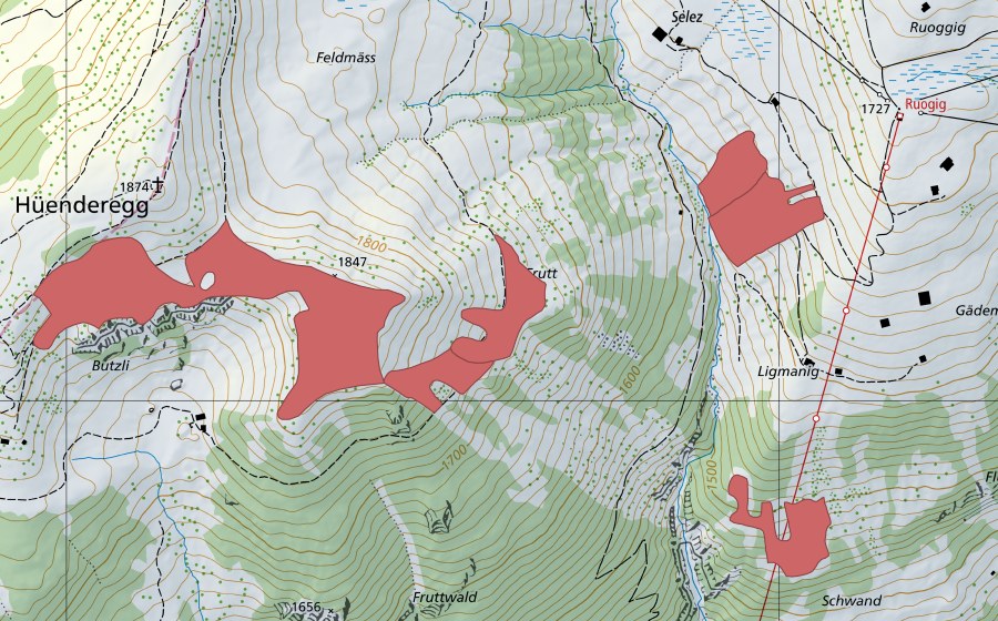 swisstopo national map showing the protected perimeter of Hüenderegg (Dry meadow)