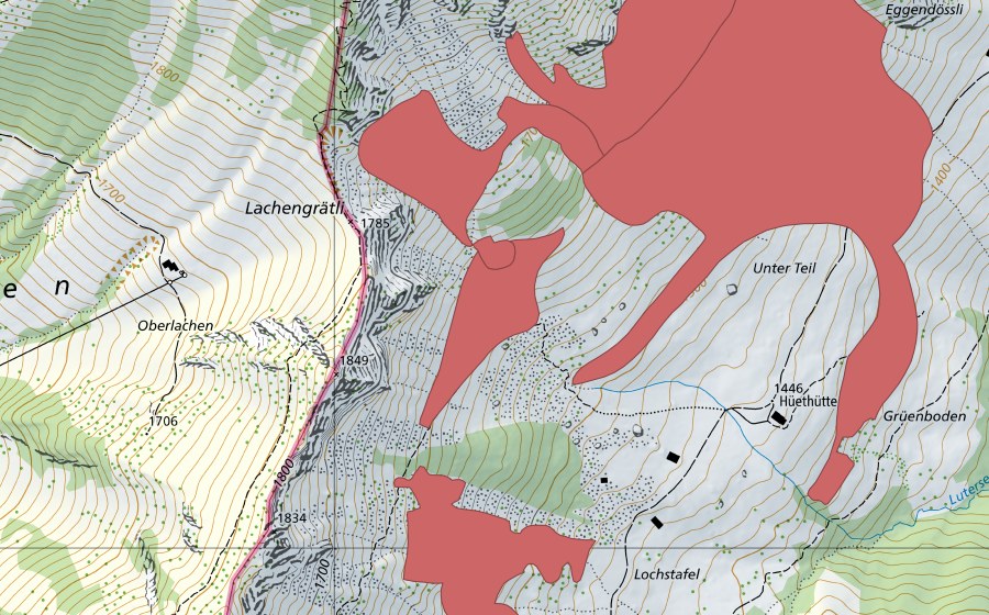 Landeskarte swisstopo mit dem Schutzperimeter von Hüethütte (Trockenwiese)