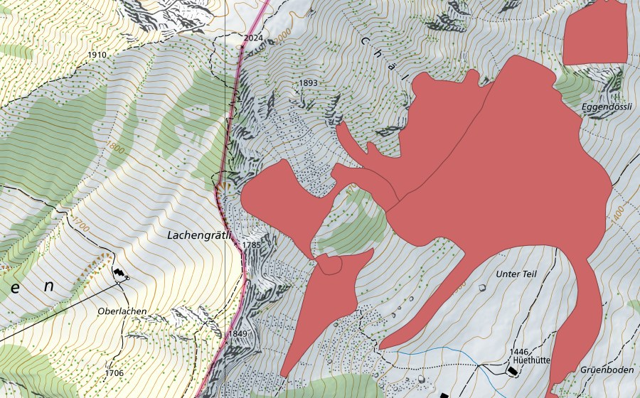 Landeskarte swisstopo mit dem Schutzperimeter von Hüethütte (Trockenwiese)
