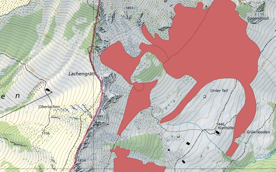 Landeskarte swisstopo mit dem Schutzperimeter von Hüethütte (Trockenwiese)