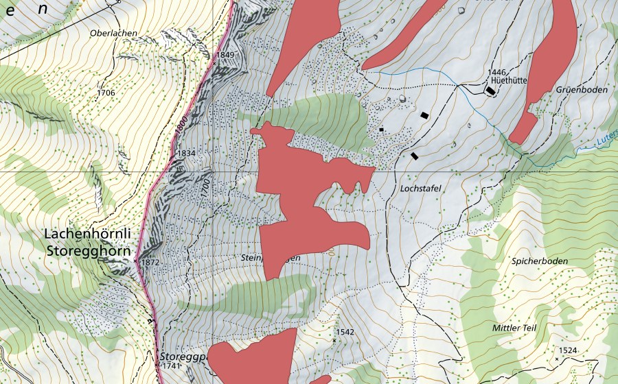 Landeskarte swisstopo mit dem Schutzperimeter von Hüethütte (Trockenwiese)