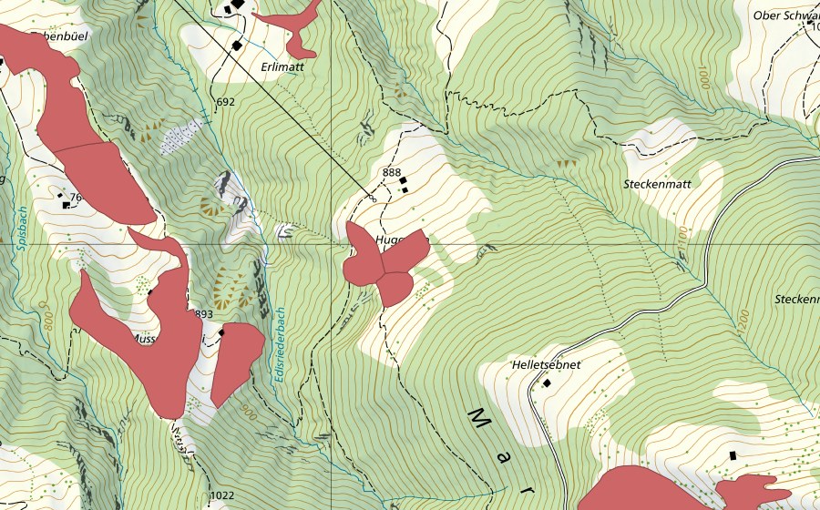 swisstopo national map showing the protected perimeter of Huggeten (Dry meadow)