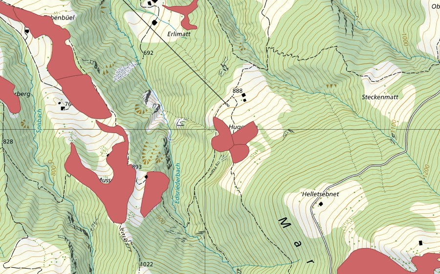 Carte nationale swisstopo avec le périmètre protégé de Huggeten (Prairie sèche)