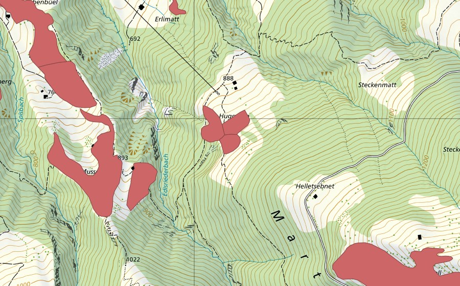 Landeskarte swisstopo mit dem Schutzperimeter von Huggeten (Trockenwiese)
