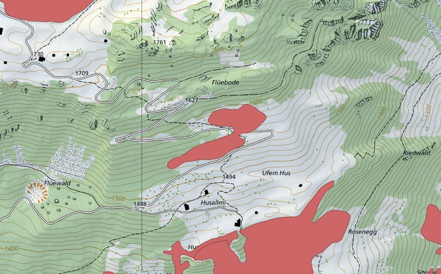 swisstopo national map showing the protected perimeter of Husallmi (Dry meadow)