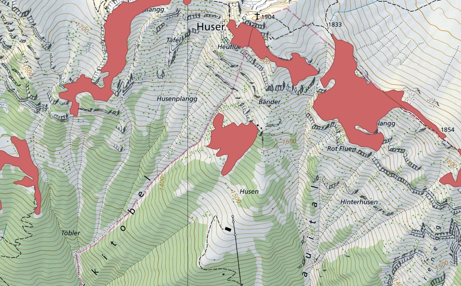 Landeskarte swisstopo mit dem Schutzperimeter von Husen (Trockenwiese)