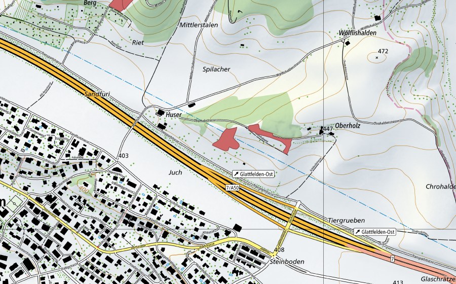 Landeskarte swisstopo mit dem Schutzperimeter von Huser (Trockenwiese)