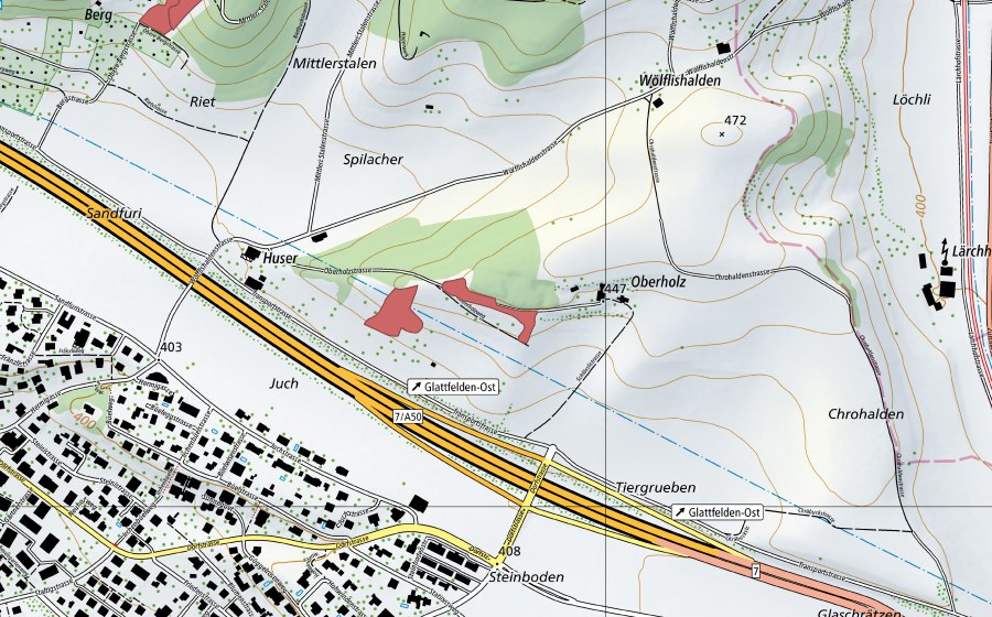 swisstopo national map showing the protected perimeter of Huser (Dry meadow)