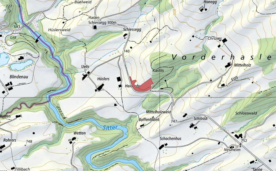 Carte nationale swisstopo avec le périmètre protégé de Hüslers (Prairie sèche)