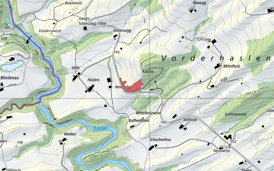 Carte nationale swisstopo avec le périmètre protégé de Hüslers (Prairie sèche)