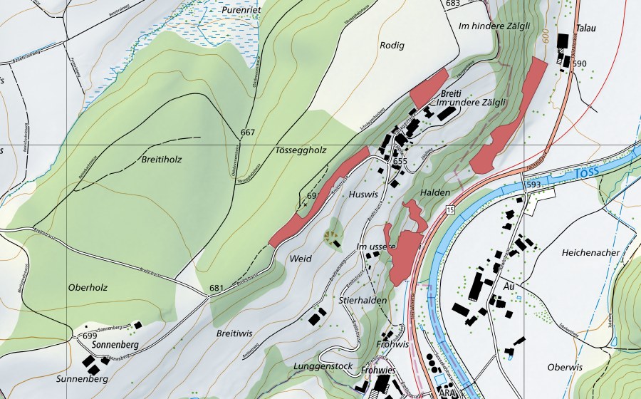 swisstopo national map showing the protected perimeter of Huswis (Dry meadow)