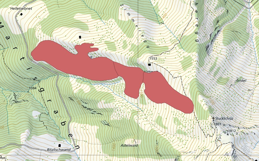 swisstopo national map showing the protected perimeter of Hüttmatt (Dry meadow)
