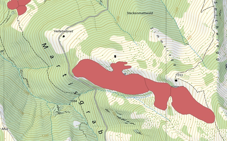 Landeskarte swisstopo mit dem Schutzperimeter von Hüttmatt (Trockenwiese)