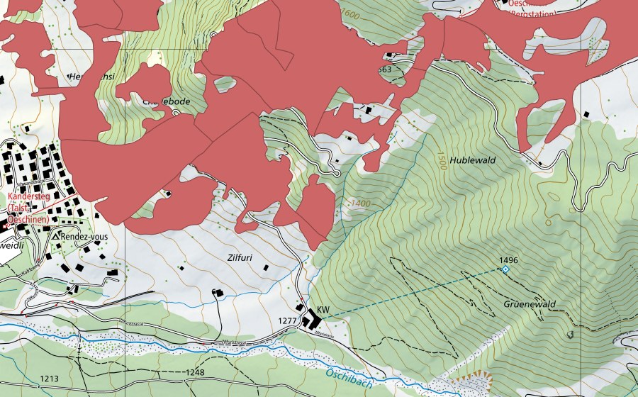 swisstopo national map showing the protected perimeter of I de Huble (Dry meadow)