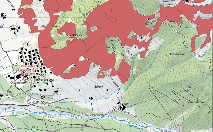 swisstopo national map showing the protected perimeter of I de Huble (Dry meadow)